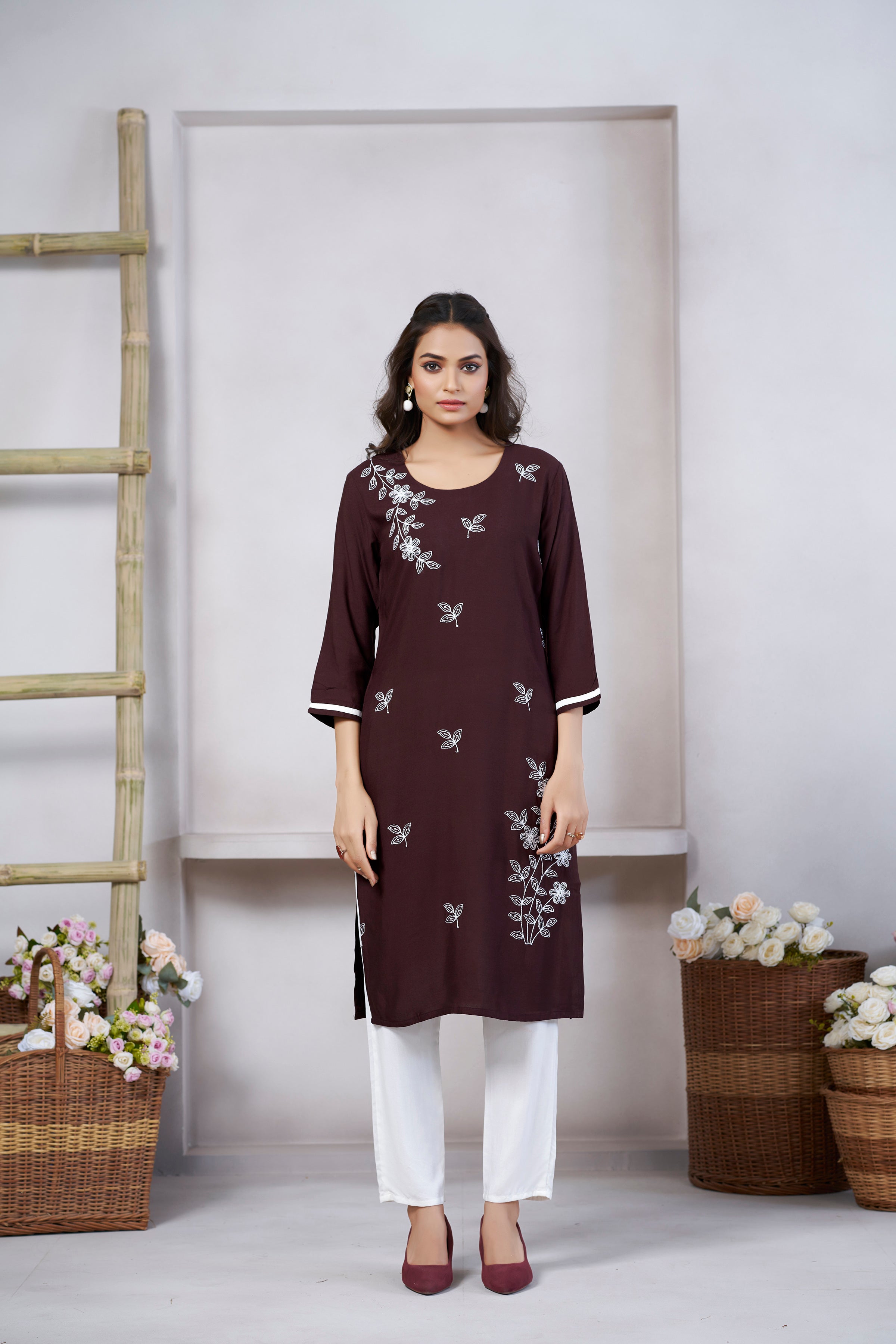 Brown Viscose Rayon Kurti with Thread Work and 3/4 Sleeves with Stylish Neckline